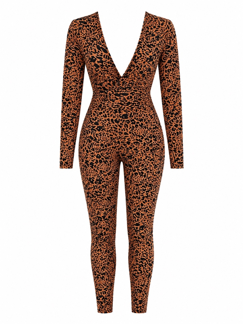 Leopard Print Long-Sleeve Jumpsuit With V-Neckline & Back Zipper Closure  S